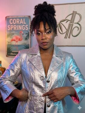 VTG Bushwacker Metallic Silver Genuine Leather Jacket Blazer Neon Pink Lining